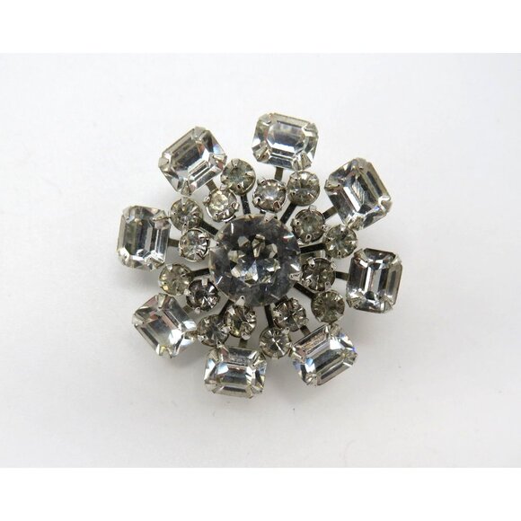 Vintage Rhinestone Brooch 1.5" Silver Tone Clear Round Square Stones Floral Pin - Picture 5 of 12